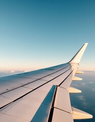 Fototapeta premium Airplane wing against a clear blue sky, capturing the essence of travel
