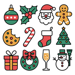 Festive Christmas Icon Set with Santa Claus Gingerbread Man and Holiday Decorations Joyful Celebrations for Winter Season