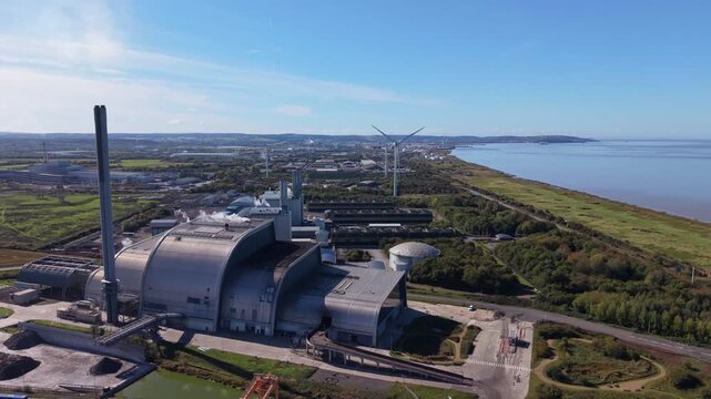 Aerial video of a recycling facility by the river Severn  