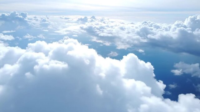 Vast expanse of fluffy white clouds in the sky above the ocean with a hint of land visible
