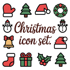 Festive Christmas icons set for holiday season designs featuring a mitten a fir tree a Santa hat a wreath snowmen a bell a stocking a gift and holly