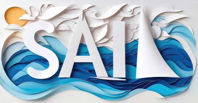 Papercraft design features word SAIL forming waves, sun, boat silhouette. Bright colors, layered effect creates depth.