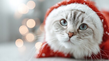 Adorable cat in red santa hat with festive bokeh background