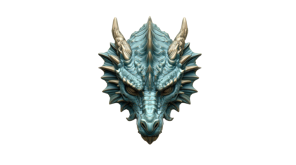 Fantasy Blue Dragon Head with Horns and Scales on White Background