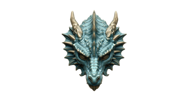 Fantasy Blue Dragon Head with Horns and Scales on White Background