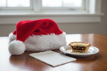 Santa hat with a partially eaten mince pie on a table. Traditional Christmas snack for Santa Claus. Festive holiday still life concept