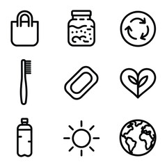 Collection of nine eco-friendly and sustainable living icons on white background Keywords