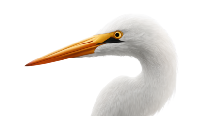 Elegant White Egret Bird Profile with Long Orange Beak on White Background