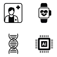 Healthcare and science icons doctor smartwatch DNA and AI chip on white medical physician