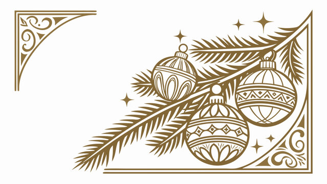Decorative Christmas corner with fir branch, ornate baubles, and elegant scrollwork in monochrome vector.