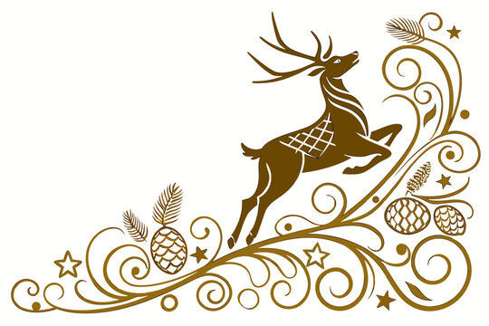 Christmas and New Year decorative corner design with a jumping reindeer and fir cones.
