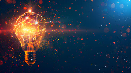 glowing lightbulb made of digital particles on dark gradient background, concept of creativity and innovation, ad banner layout with copy space