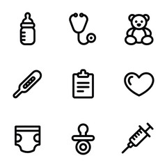 Collection of nine baby and medical care icons on white background baby bottle stethoscope