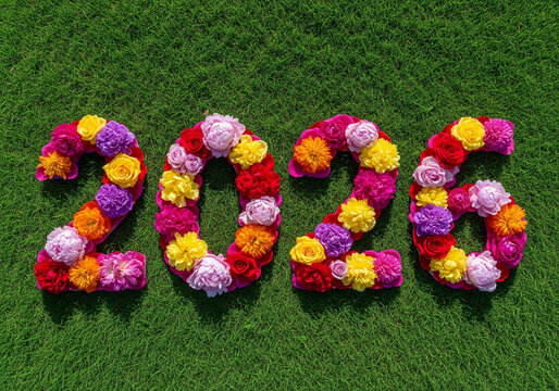 Year 2026 Formed by Colorful Flowers on Green Grass Background, Spring and New Year Floral Concept, Vibrant Colors, Environmental Celebration