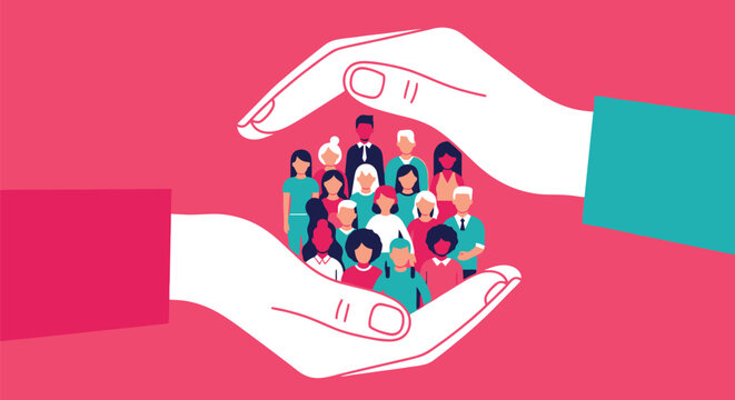 Two large hands cradle a diverse group of people, symbolizing protection and community care.