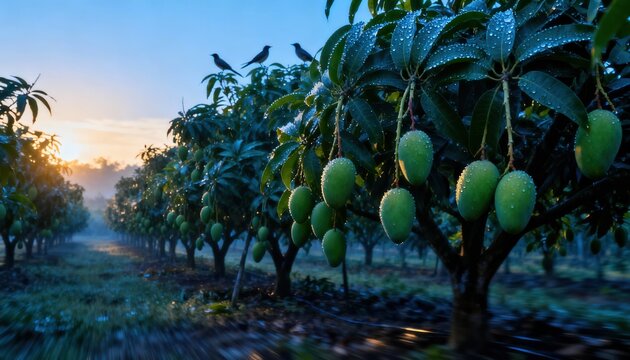 Green mangoes with dew drops hanging from trees in an orchard at sunrise. Tropical fruit farm in the early morning. Agriculture and food cultivation concept