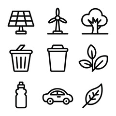 Nine black outline icons for environmental protection and renewable energy concepts solar panel