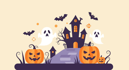 Halloween illustration with haunted house, pumpkins, ghosts, and bats on a light background.