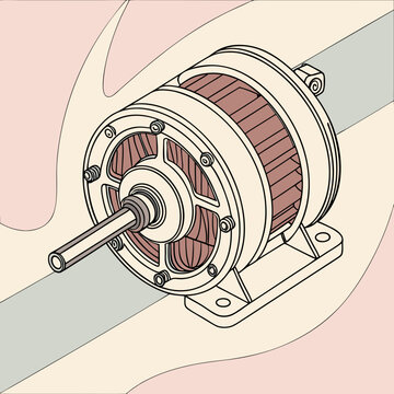 Illustration of an electric motor with a shaft and winding detail