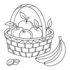 Basket of apples and bananas, coloring page style