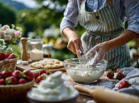 an apron-wearing person adding eggs to the mixing bowl on top, with flour and milk nearby in small bowls.