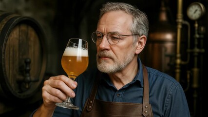 Craft Brewer Inspects a Glass of Beer in a Rustic Brewery Setting, Highlighting the Artisanal Brewing Process and Tradition - Powered by Adobe