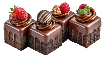 Collection set of small cakes petit fours dark chocolate sponge squares with glaze isolated on transparent background.