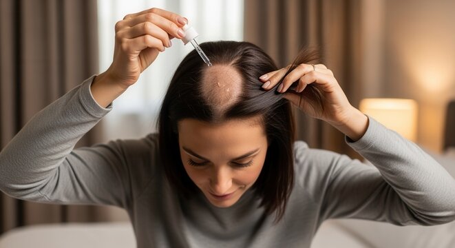 A woman applying a topical treatment to a bald patch on her scalp. Female using a serum dropper for hair regrowth. Alopecia and hair loss problem concept