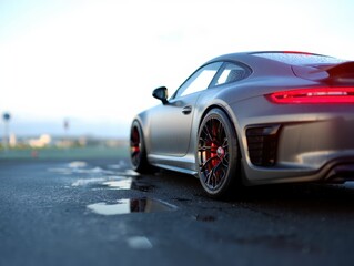 Sleek sports car parked on a wet road, showcasing its modern design and performance
