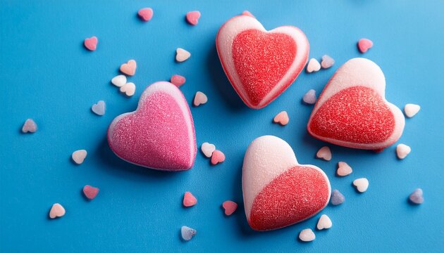 Heart Shaped Candies On Blue Background - Powered by Adobe