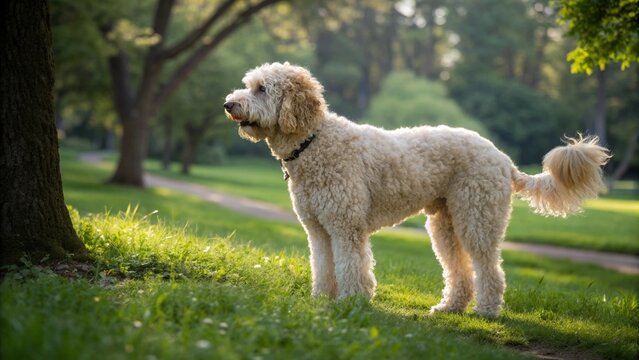 Realistic Newfypoo dog in natural habitat, fluffy curly coat, full body portrait of Newfoundland poodle mix outdoors on green grass, forest or park background, natural lighting