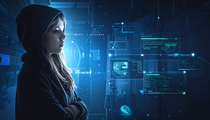 A blonde hacker girl with her hoodie with tech background
