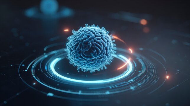 A blue spherical virus with protrusions is surrounded by glowing blue and orange circular elements