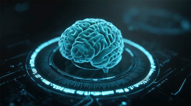 A bluish brain floats atop a digital grid with circular neon lines and circuit patterns