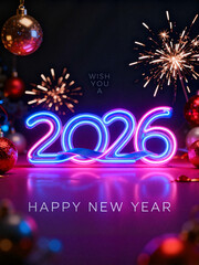 Colorful New Year 2026 decoration with sparks, ornaments, and a festive background for celebration