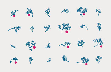 Cute tiny christmas tree branches with ornament balls. Hand drawn vector illustration floral set.