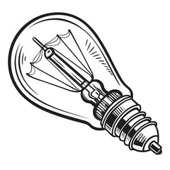 Black and White Sketch of an Incandescent Light Bulb on White Background filament