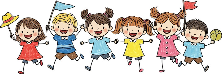 Happy Children Playing Together Hand Drawn Cartoon Illustration &ndash; Group of Kids Running, Laughing, and Having Fun Outdoors