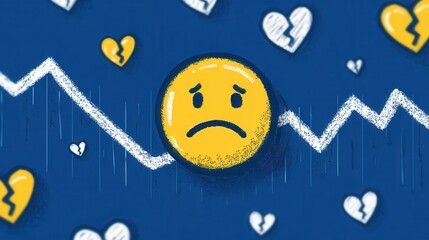 Illustrative Concept of Plummeting Ratings with Sad Emoji and Broken Hearts on a Blue Graph Background, Perfect for Business Performance, Customer Feedback, or Emotional Decline Visuals