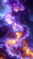 Abstract fractal art in violet and orange hues, glowing with ethereal firelight. Flowing waves and intricate details create a dreamy, atmospheric fantasy design full of cosmic energy and motion