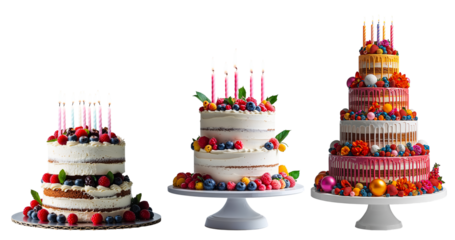 Large delicious multi-layered cake with berries, cream and candles isolated on transparent background