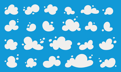 Sky cloud cartoon vector set. Cute funny fluffy clouds. Flat hand drawn illustration.