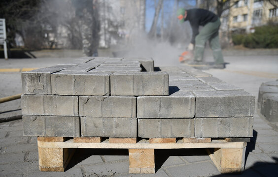 Paving slabs on a wooden pallet.