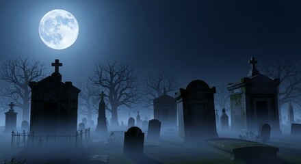 Nighttime cemetery scene with tombstones under a full moon and fog.