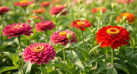 Obraz premium A vibrant field of colorful zinnia flowers in full bloom on a sunny day