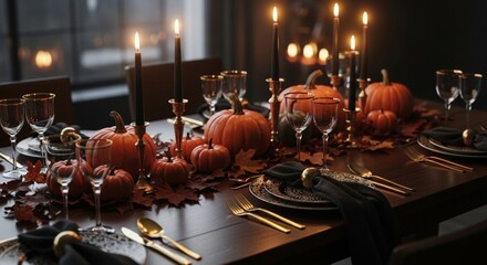 Elegant Thanksgiving table setting with pumpkins, candles, and dark accents.
