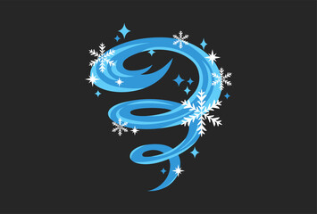 Snow vortex vector illustration, windy swirl with snowflakes and stars magic Christmas mood design