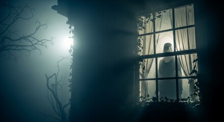 Eerie figure in window at night with fog and moonlight.
