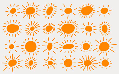 Sun in different shapes vector set. Game animation nature element. Cute and funny suns with beams illustration.