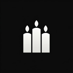 Minimalist flat icon of three candles in a row, clean white silhouette on a dark black background, representing advent, spirituality, and light concept.